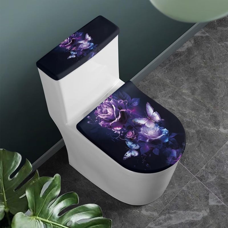 Kathyboom Purple Rose Butterfly Toilet Lid Cover Set of 2 Tank Lid Covers Splash Resistant Soft Toilet Seat Covers Fit Most Round and Elongated Toilet Keep Bathroom Clean - Image 2